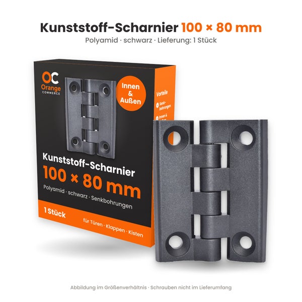 Kunststoff Scharnier aus Polyamid mit den Maßen 100 mal 80 Millimeter und Senkbohrungen inklusive Produktverpackung