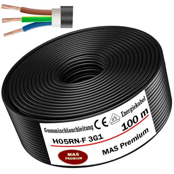Rolle Gummischlauchleitung H05RN-F 3G1, 100 Meter, 3-adriges Stromkabel mit Detailansicht der Adern.