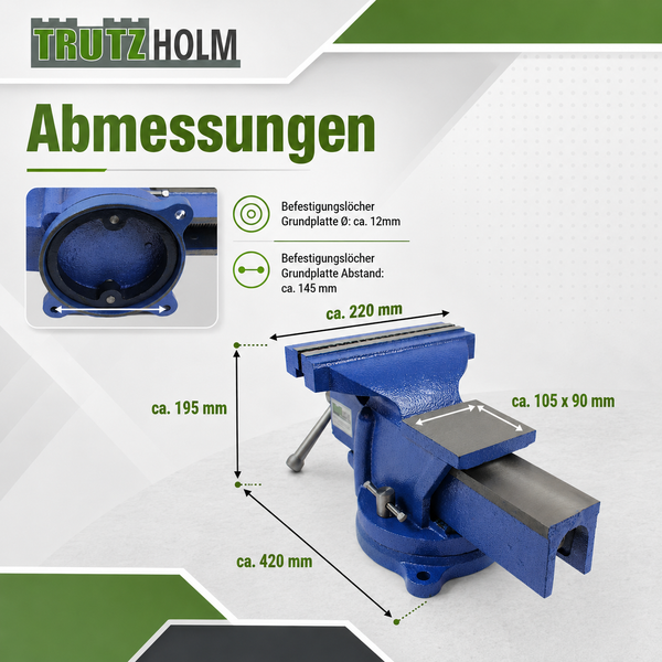 Technische Zeichnung der Abmessungen eines Trutzholm Schraubstocks mit Grundplatte, Befestigungslöchern und verschiedenen Maßangaben in Millimetern.