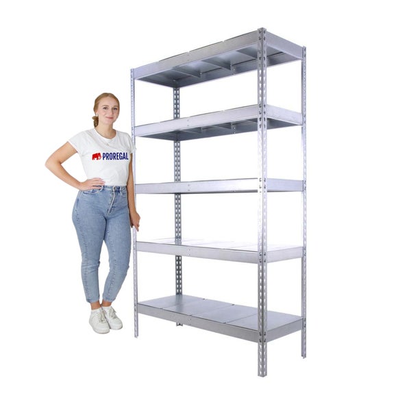 Verzinktes Schwerlastregal aus Metall mit fünf Böden und Stecksystem, eine Person steht zur Veranschaulichung der Größe daneben.