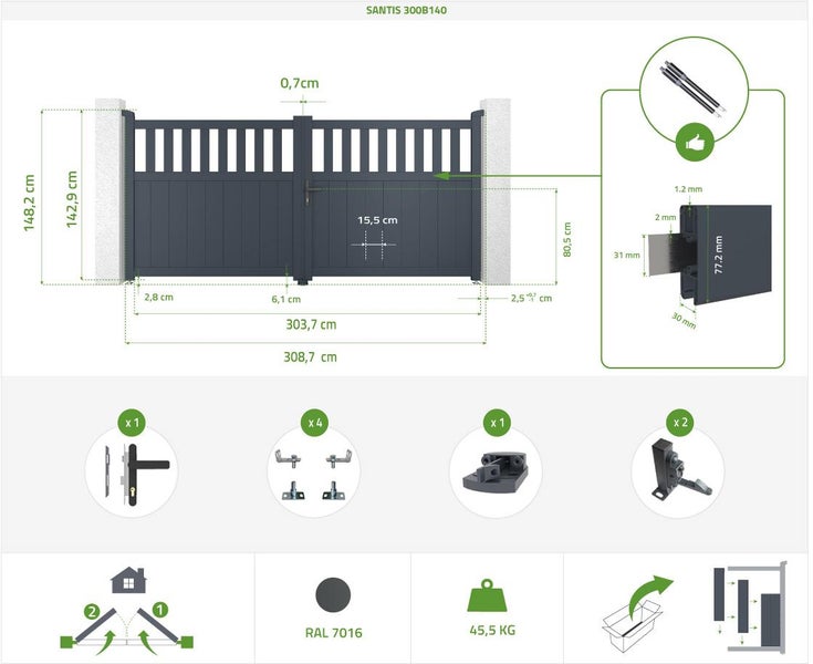 Elektrisches Flügeltor 3 m SANTIS 300B140 GRAU + BUNKER B500 Motorisierung