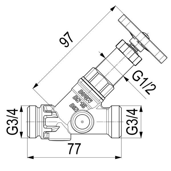 Technische Zeichnung eines Schrägsitzventils mit Maßen 77 Millimeter Länge und 97 Millimeter Höhe, Nennweite 15, Anschlüsse G 3/4 und G 1/2.
