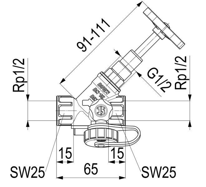 Technische Zeichnung eines Schrägsitzventils für den Außenbereich mit Bemaßung in Millimetern, Anschluss Rp 1/2 Zoll und Nenndurchmesser 15.