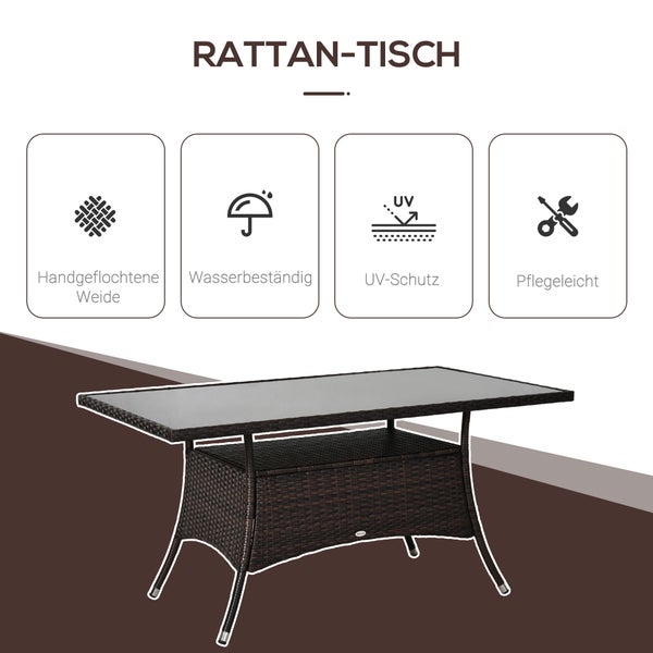 Outsunny Gartentisch Glastisch Esstisch Gartenmöbel Tisch, Polyrattan+Sicherheitsglas, Braun+Schwarz, 150x85x74cm