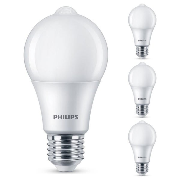 Philips LED Lampe mit Bewegunsmelder ersetzt 60W, E27 Standardform A60, warmweiß, 806 Lumen, nicht dimmbar, 4er Pack