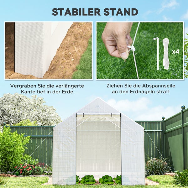 Gartenpavillon mit abgeschwungenem Dach gegen Regenansammlung und rostbeständigem Rahmen aus verzinktem Stahl im Außenbereich.