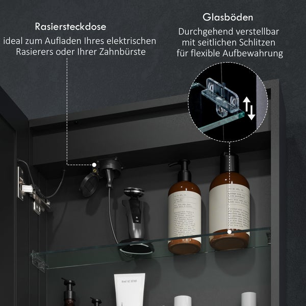 Innenansicht eines Spiegelschranks mit Steckdose und Glasböden