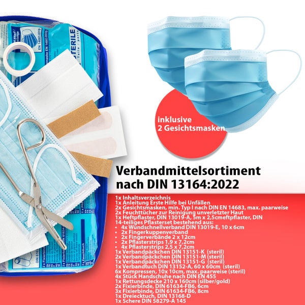 BigDean 2x Verbandskasten MADE IN GERMANY in blau – Verbandstasche nach DIN 13164:2022 - Erste Hilfe Set für das Auto europaweit einsetzbar – KFZ Verbandskasten 2024