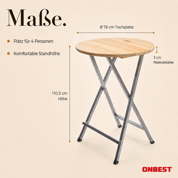 ONBEST Stehtisch mit Holzplatte und Metallgestell. Durchmesser 78 Zentimeter, Höhe 110,5 Zentimeter, Stärke 3 Zentimeter. ONBEST Logo.