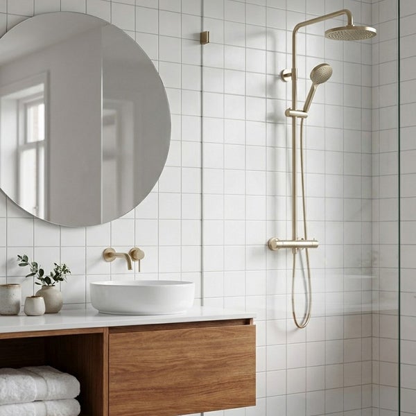 Modernes Badezimmer mit Waschtisch aus Holz, rundem Spiegel, Aufsatzwaschbecken, Wandarmaturen und Dusche mit Duschsystem in Metalloptik.