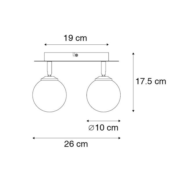 Technische Zeichnung einer Deckenleuchte mit zwei Lampen und Maßangaben
