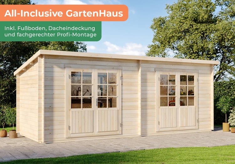 Alpholz Premium Gartenhaus-Set Maria Twin 598x250cm inkl. Boden, Dach & Aufbauservice