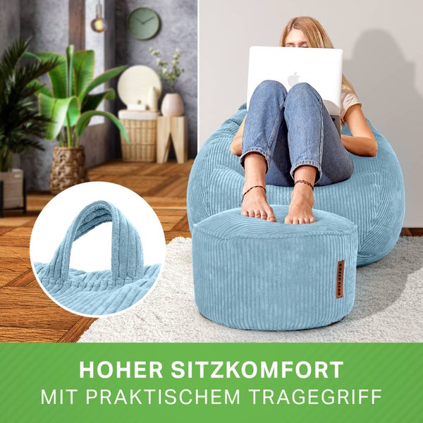Green Bean 2er Set Indoor XXL Sitzsack + Pouf mit EPS-Perlen Füllung - Fußhocker Fußkissen Hocker Bodenkissen Liegekissen Sitzkissen Lounge Chair - Hellblau