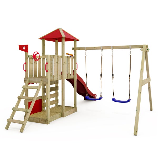 WICKEY Spielturm Klettergerüst Smart Savana mit Schaukel und Rutsche, Spielhaus mit Kletterleiter und Spiel-Zubehör – rot