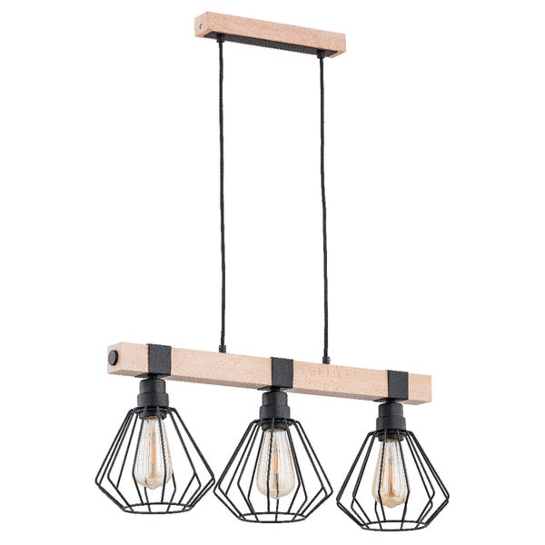 Dreiflammige Pendelleuchte mit Holzbalken und Metallkorb Schirmen im Industrial Stil für den Innenbereich