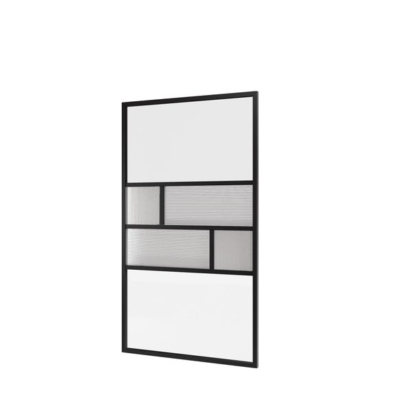 Feststehende Trennwand im Industrial Style mit schwarzem Metallrahmen, Klarglas und geriffeltem Glas in asymmetrischer Anordnung.