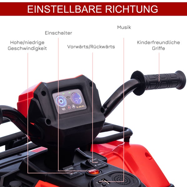 HOMCOM Elektro Kinderquad, mit LED und Musik, für Kinder ab 3 Jahren, 88 x 45 x 50 cm, Kunststoff, Stahl, Schwarz+Rot
