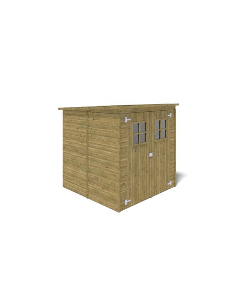 Gartenhaus aus Holz mit Pultdach, Doppeltür und Fenstern.