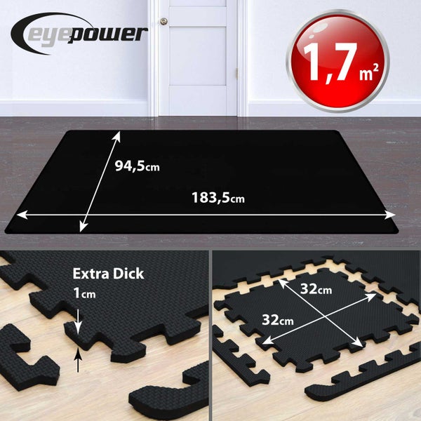 Bodenschutzmatte Puzzlesystem, 1,7 Quadratmeter, 183,5 mal 94,5 Zentimeter, Dicke 1 Zentimeter, Einzelmatten 32 mal 32 Zentimeter. eyepower Logo.