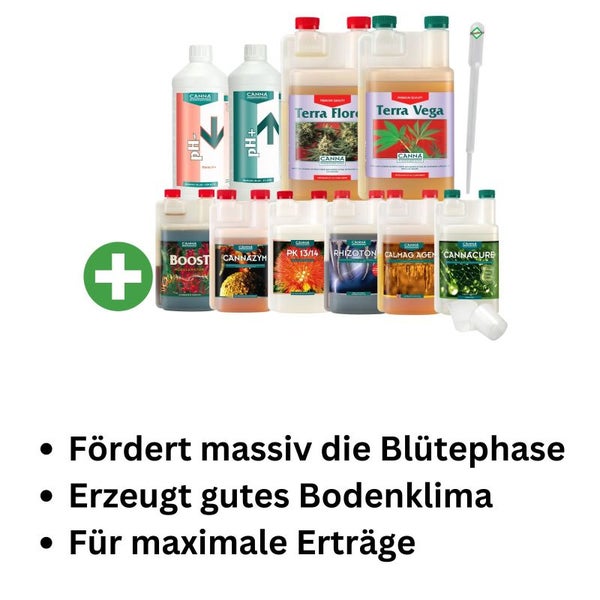 Canna Dünger Set 10-teilig – Komplettes Nährstoffprogramm für kräftiges Wachstum & üppige Blüten – Inkl. Terra Vega, Terra Flores, Boost, PK 13/14, Rhizotonic, Calmag, pH-Plus/Minus