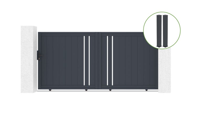 Schiebetor 3m GIONA H.160cm graues Aluminium + 2 Pfosten 20x20cm H.190cm
