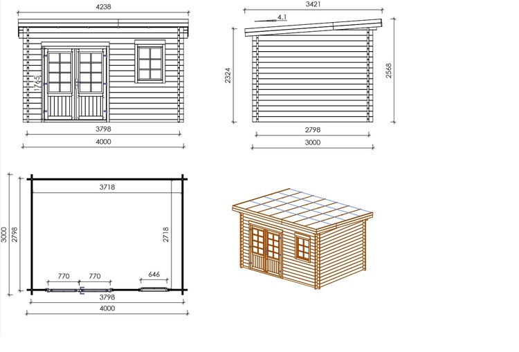 Gartenhaus, Gerätehaus 12m2 - 4x3m - 40mm - Imprägniert