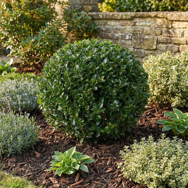 Ilex crenata in Kugelform gepflanzt in einem Gartenbeet mit Rindenmulch, Lavendel und Funkien vor einer Steinmauer.