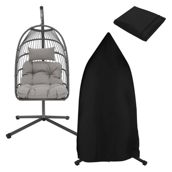 ECD Germany Hängesessel mit Gestell, Kissen und Abdeckung, inkl. Deckenhalterung, Grau, Rattan-Optik, Stahl, faltbar, Indoor/Outdoor, Hängestuhl mit Schutzhülle, Hängekorb Hängeschaukel Hängesitz