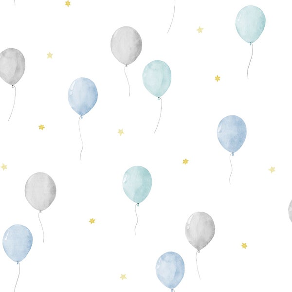 Kindertapete mit Aquarell-Motiv aus blauen und grauen Luftballons und gelben Sternen.