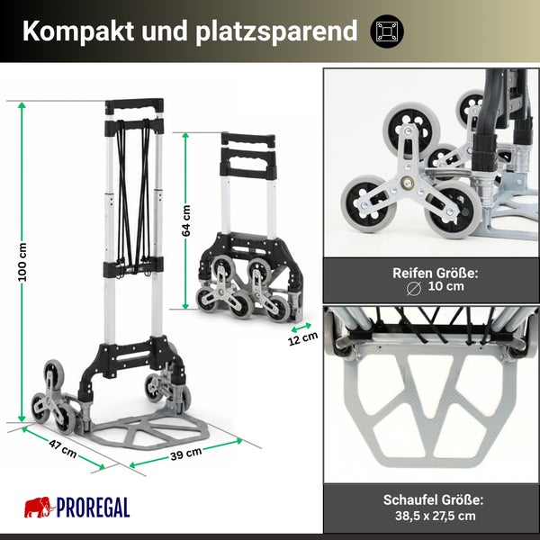 Faltbare Treppensteiger Sackkarre von Proregal aus Aluminium mit Maßen, Schaufel 38,5 mal 27,5 Zentimeter und Raddurchmesser 10 Zentimeter.