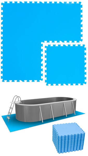 Poolbodenschutzmatten aus blauem Kunststoff mit Puzzle-Verbindung, stapelbar und unter einem Aufstellpool verlegt.