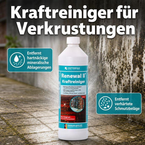Hotrega Renewal II Kraftreiniger für mineralische Verkrustungen und hartnäckige Schmutzbeläge auf Klinker, Fliesen, Kunststein und Naturstein.
