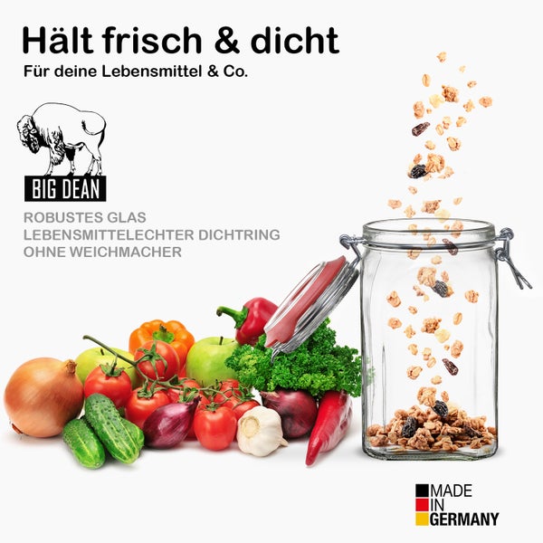 Lebensmittelaufbewahrung im Glas mit frischen Zutaten und Big Dean Logo