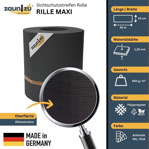 Zaun ZU Sichtschutzstreifen Rolle Rille Maxi aus Polypropylen, Anthrazit, Produktdetails