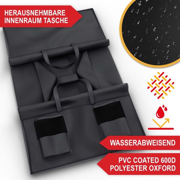 Herausnehmbare Innentasche aus wasserabweisendem Polyvinylchlorid-beschichtetem Polyester Oxford mit zwei Fronttaschen und Tragegriffen.