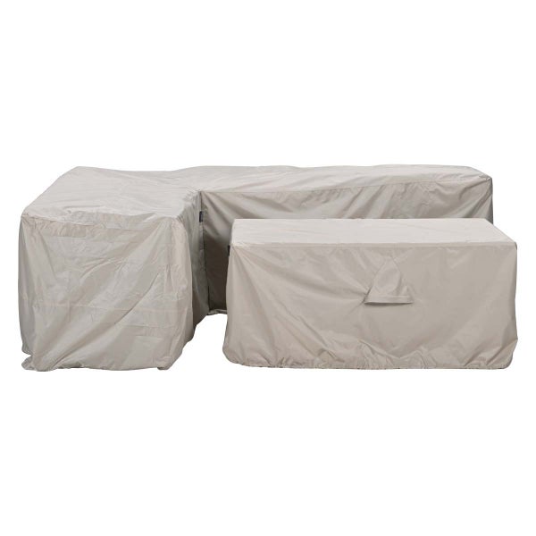 Schutzhüllenset für Gartenmöbel, bestehend aus einer Abdeckung für ein Ecksofa in L-Form und einer Hülle für einen rechteckigen Tisch.