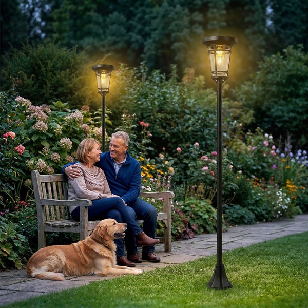 Schwarze Solar-Gartenleuchten beleuchten einen Steinweg im Garten bei Nacht mit zwei Helligkeitsstufen von 50 und 100 Lumen.