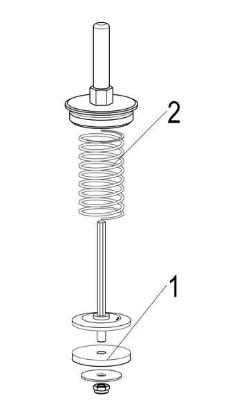 Explosionszeichnung einer Ventilspindel mit Feder und Dichtung, markiert mit den Zahlen eins und zwei.