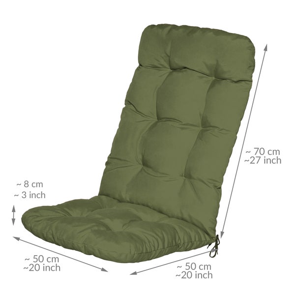 Grüne Hochlehner-Auflage: Höhe circa 70 Zentimeter, Breite circa 50 Zentimeter, Tiefe circa 50 Zentimeter, Stärke circa 8 Zentimeter.