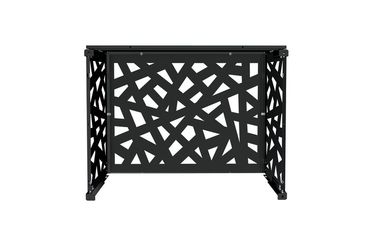 Schwarze Klimageräte-Abdeckung aus Metall mit modernem, geometrischem Muster für den Außenbereich.