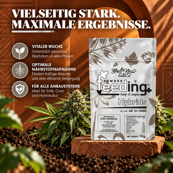 Green House Seed Company Powder Feeding Hybrids Pflanzendünger in einem Kilogramm Beutel zur Unterstützung von gesundem Pflanzenwachstum.