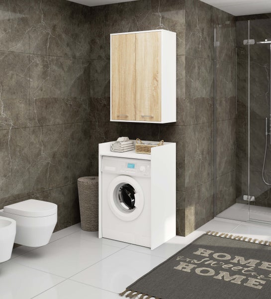 Modernes Badezimmer mit Waschmaschine, Bidet, Toilette und Waschtischunterschrank