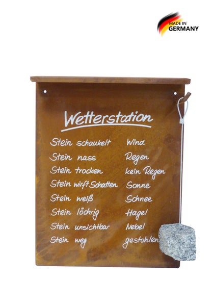 Dekorative Wetterstation aus Metall mit Rostoptik und hängendem Stein inklusive witziger Wetterregeln, hergestellt in Deutschland.