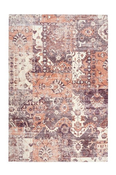 Rechteckiger Teppich mit orientalischem Vintage-Muster in Blau und Weiß, verwaschene Optik.