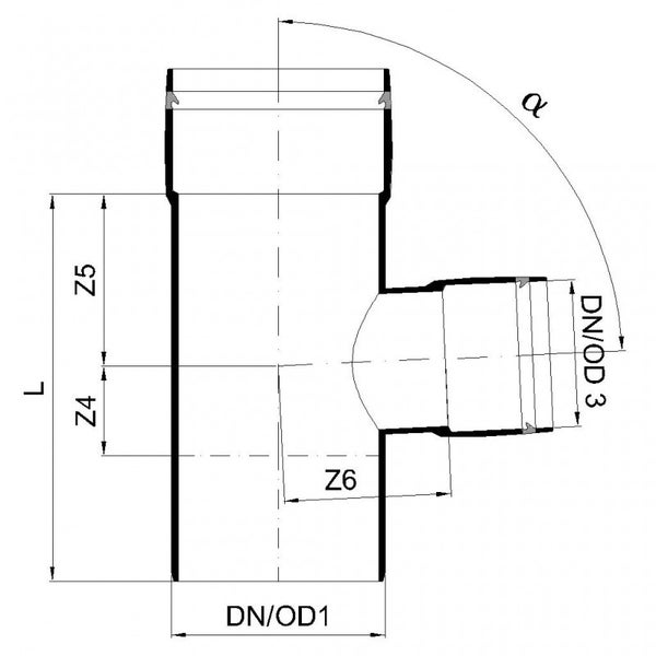 Technische Zeichnung eines Rohrabzweigs mit Maßangaben für Längen, Durchmesser und den Winkel Alpha.