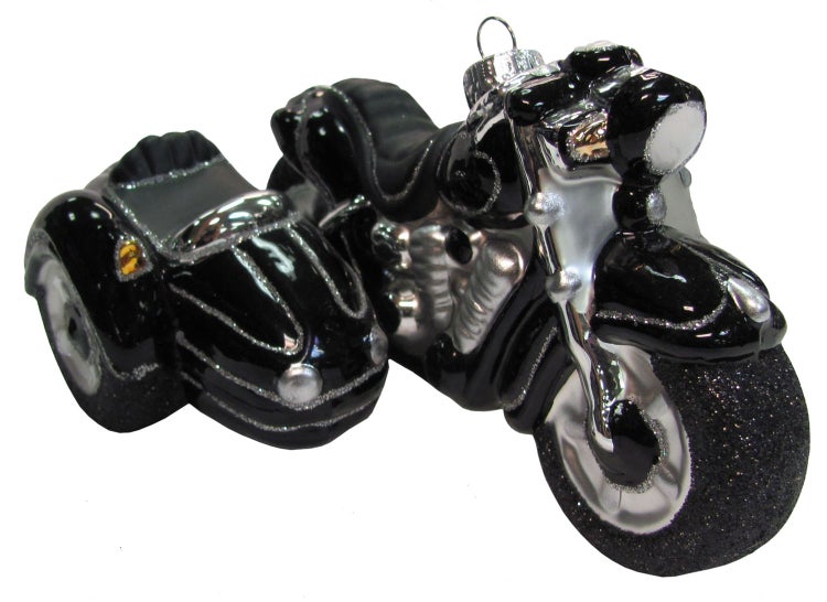 Silber/Schwarz 15cm Motorrad mit Beiwagen Glasornament mundgeblasen und handekoriert, 1 Stck.