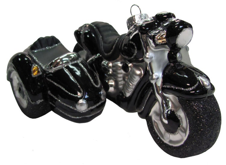 Silber/Schwarz 15cm Motorrad mit Beiwagen Glasornament mundgeblasen und handekoriert, 1 Stck., Weihnachtsbaumkugeln, Christbaumschmuck, Weihnachtsbaumanhänger