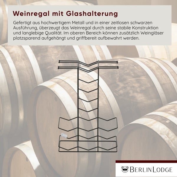 Schwarzes Weinregal aus Metall mit Glashalterung von Berlin Lodge, präsentiert vor Holzfässern, inklusive Berlin Lodge Logo.