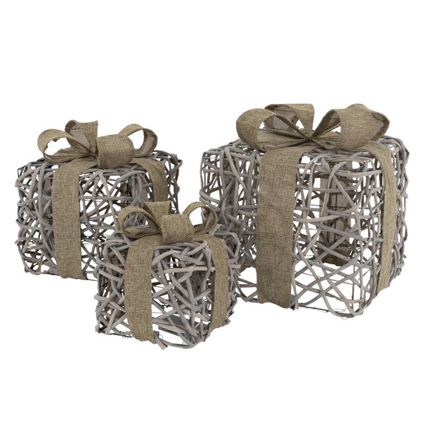 ECD Germany 3er Set LED Geschenkboxen Weihnachten mit Schleifen, Rattan, Braun-Grau, Warmweiß, batteriebetrieben, Timer, Weihnachtsdeko Geschenk Beleuchtet Weihnachtsbaum Dekoration Weihnachtsgeschenk