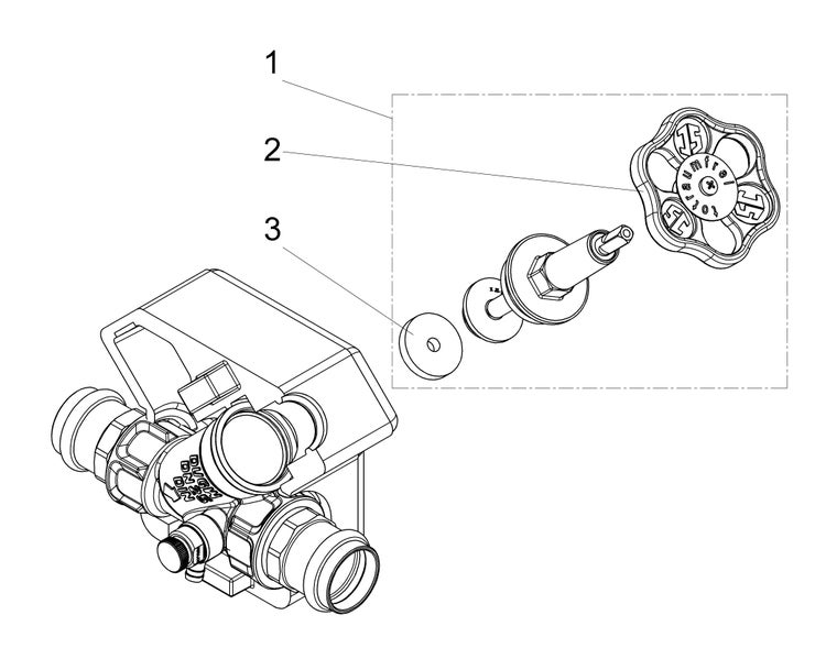 Explosionszeichnung eines Wasserventils mit nummerierten Einzelteilen: 1 Handrad, 2 Ventiloberteil, 3 Dichtungsscheibe.